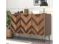 Aparador con 3 puertas, detalles elegantes, generoso almacenamiento, chapa de madera maciza, sensación cóncava/convexa, incluye laminados, acento G dorado.