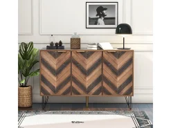 Aparador con 3 puertas, detalles elegantes, generoso almacenamiento, chapa de madera maciza, sensación cóncava/convexa, incluye laminados, acento G dorado.