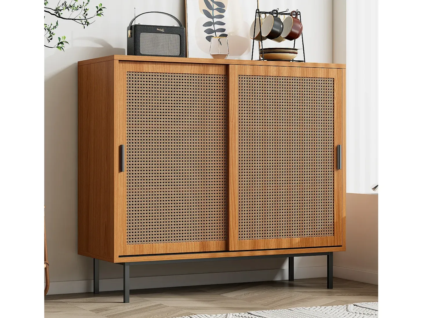 Aparador con 2 puertas, diseño moderno, madera, color nogal, con estantes regulables (100x40x90 cm)