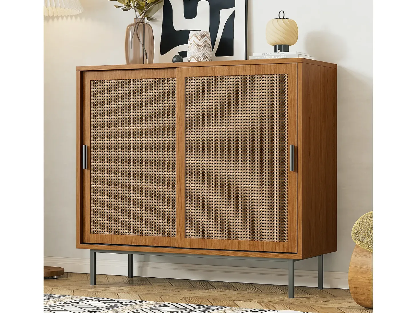 Aparador con 2 puertas, diseño moderno, madera, color nogal, con estantes regulables (100x40x90 cm)