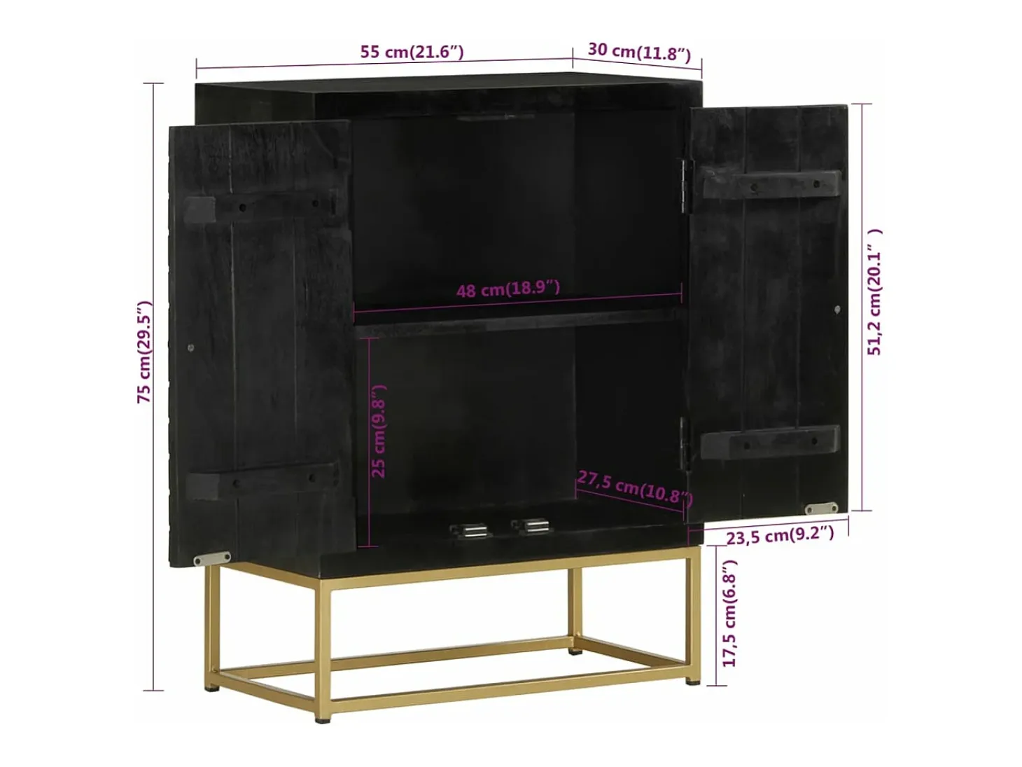 Aparador con 2 puertas madera mango negro y dorado 55x30x75 cm