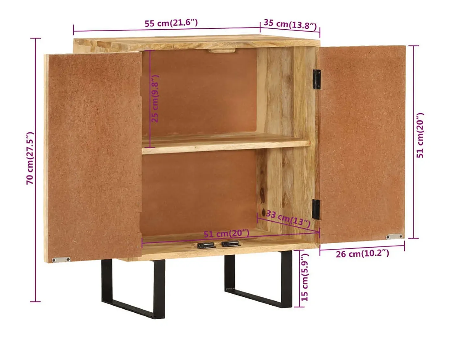 Aparador con 2 puertas 55x35x70 cm madera maciza de mango