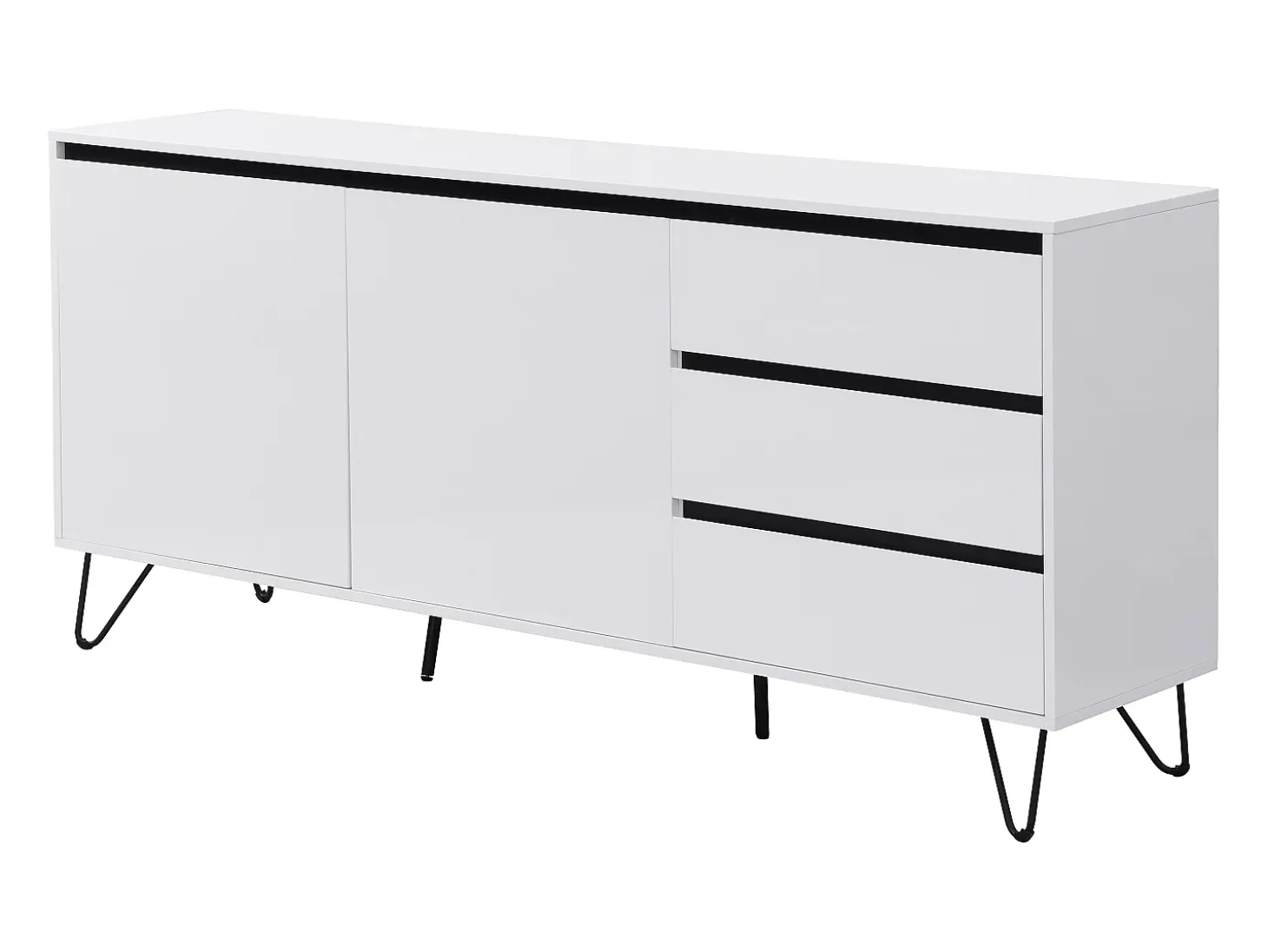 Aparador con 2 puertas y 3 cajones de MDF y acero - Blanco y negro - ABUJA