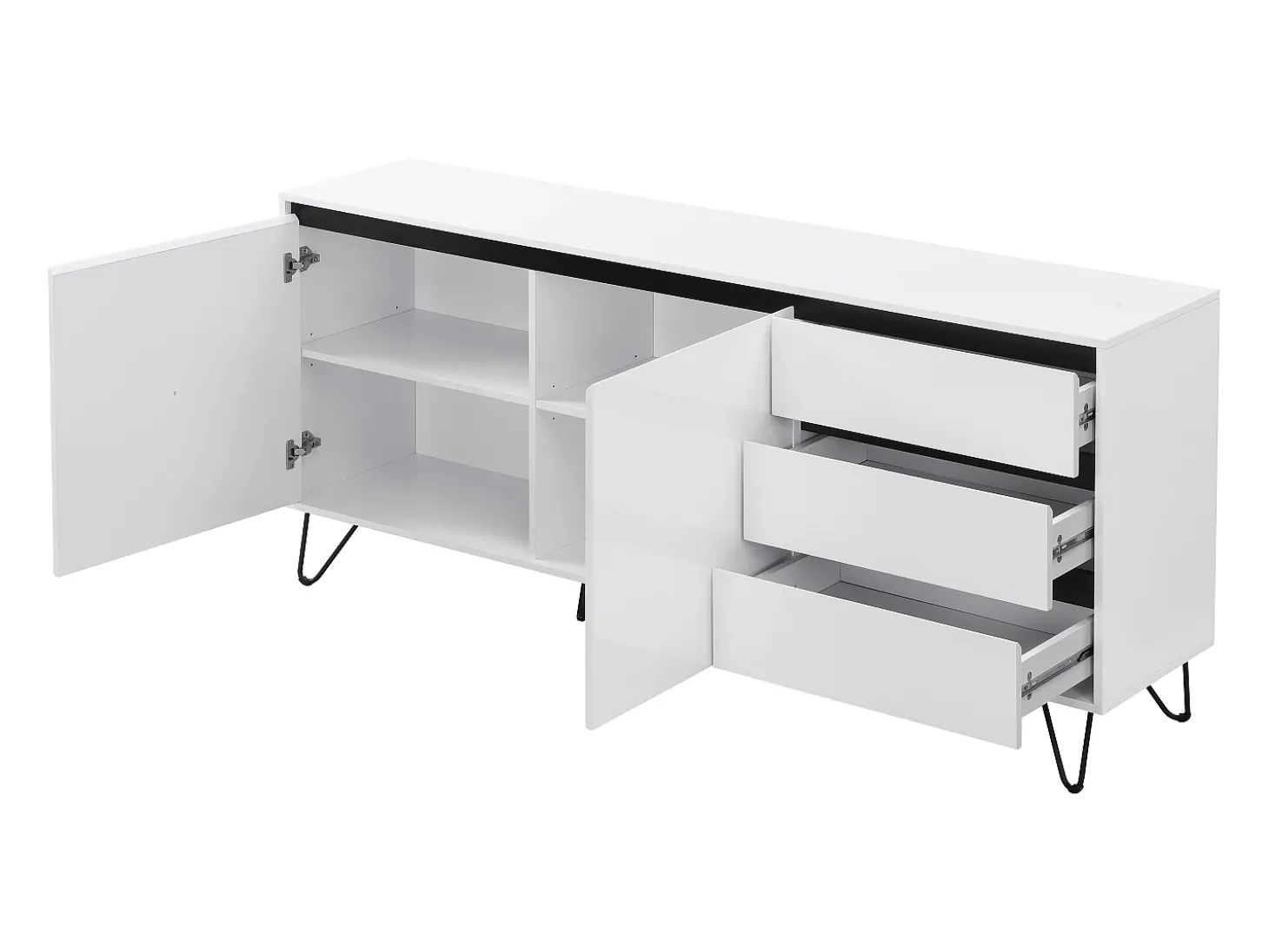 Aparador con 2 puertas y 3 cajones de MDF y acero - Blanco y negro - ABUJA