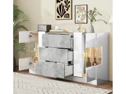 Aparador con 2 puertas y 3 cajones, diseño moderno, MDF y cristal, efecto mármol blanco y gris (140x35x75 cm)