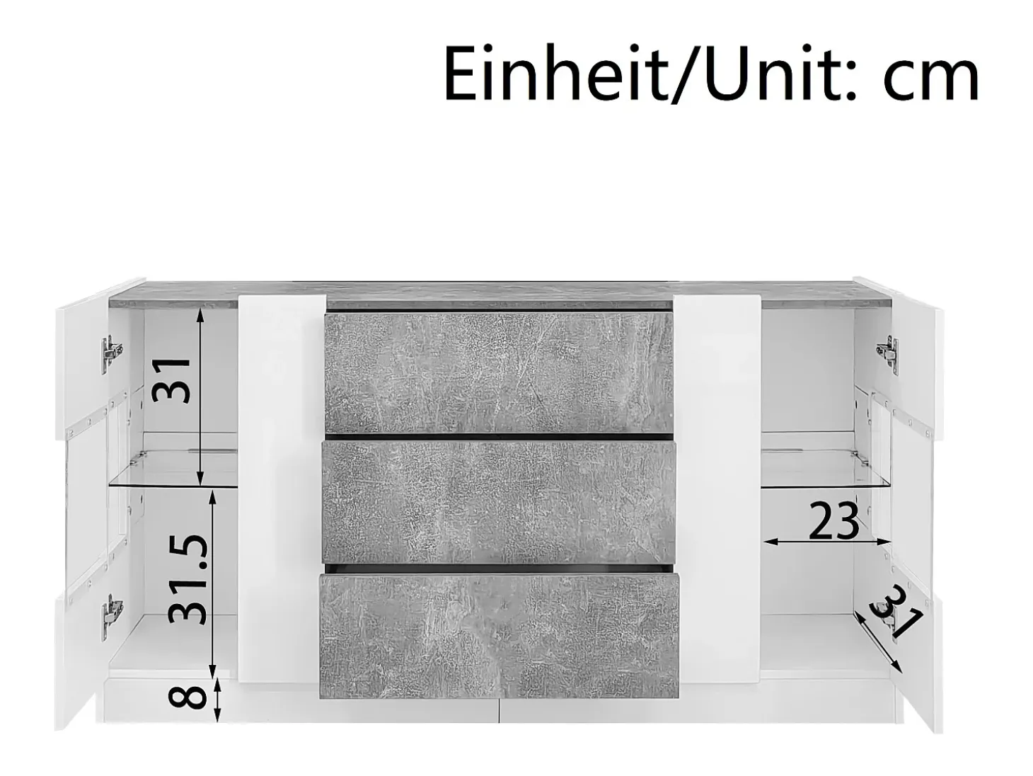Aparador con 2 puertas y 3 cajones, diseño moderno, MDF y cristal, efecto mármol blanco y gris (140x35x75 cm)