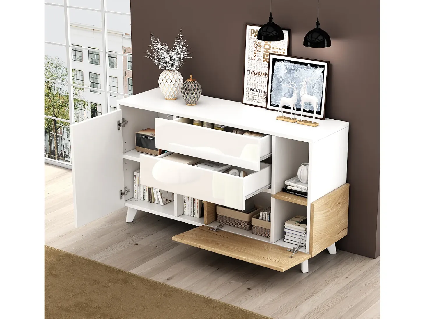 Aparador con 2 puertas y 2 cajones - 120 x 40 x 75 cm - Tablero de partículas - Blanco brillo + Roble claro