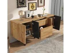 Aparador con 4 puertas y 2 cajones, mueble de TV - 140 x 40 x 70 cm - Tablero de partículas y patas de madera maciza - Roble