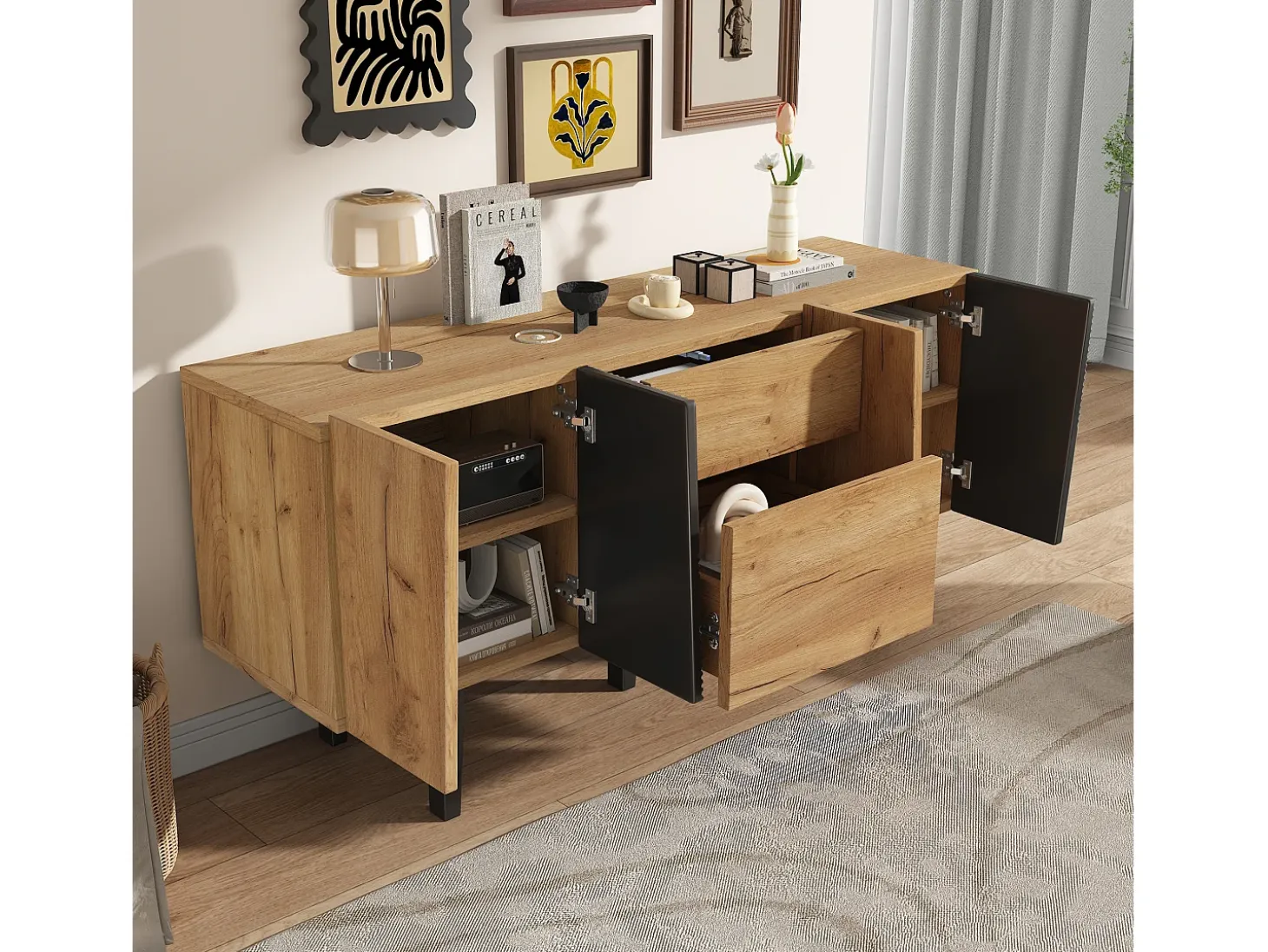 Aparador con 4 puertas y 2 cajones, mueble de TV - 140 x 40 x 70 cm - Tablero de partículas y patas de madera maciza - Roble