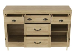 Aparador con 2 puertas y 5 cajones, mueble de almacenaje con bisagras metálicas, cómoda con tiradores curvos, 135 x 39,8 x 80 cm