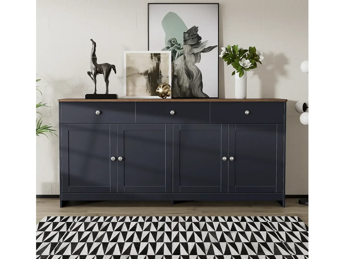 Aparador con 4 puertas y 3 cajones - mueble de almacenaje - mueble de madera - gris negro (160x37x75 cm)