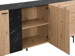 Aparador con 2 puertas y 3 cajón de MDF - Natural y efecto mármol negro - LIOMENA