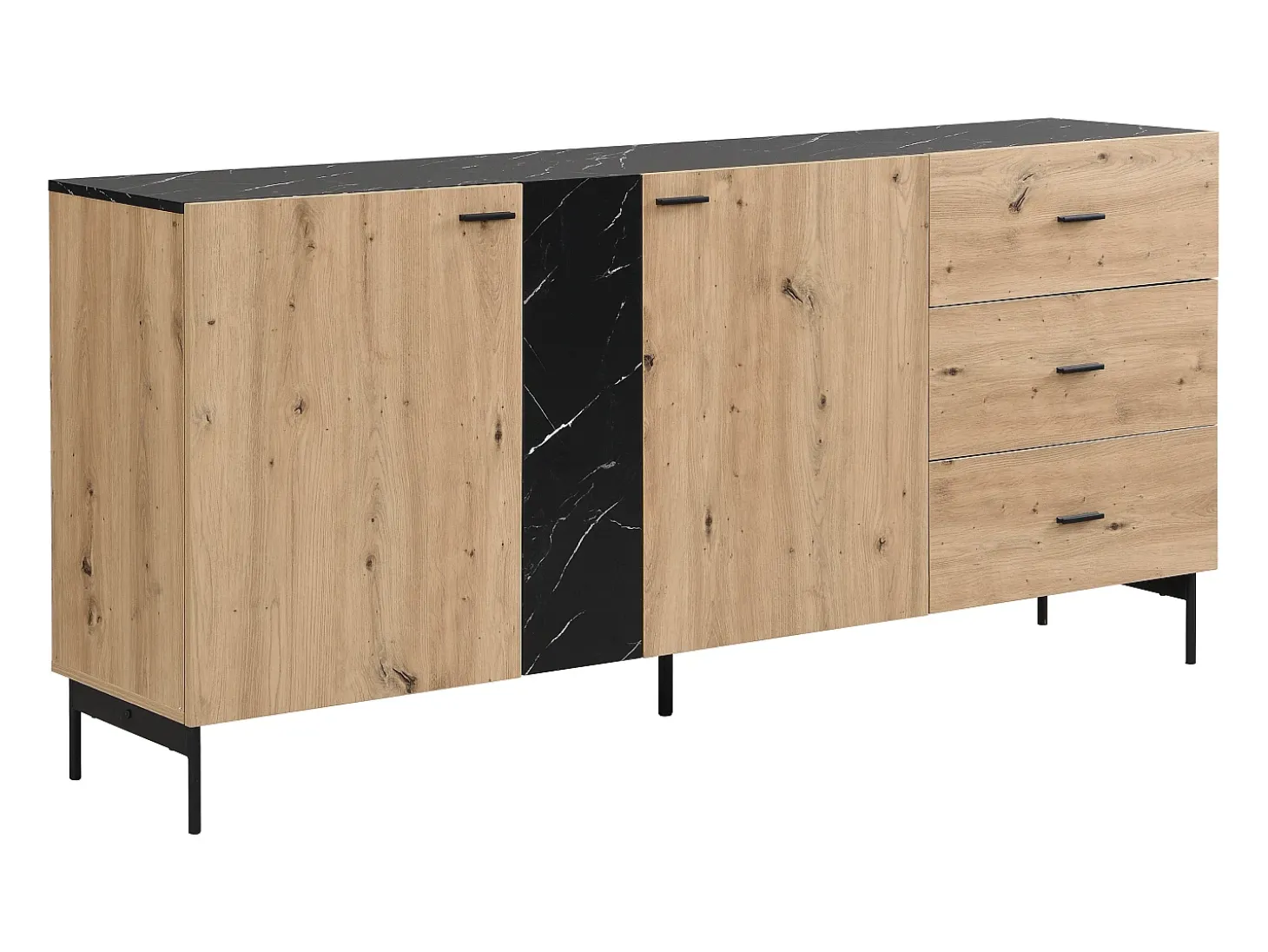 Aparador con 2 puertas y 3 cajón de MDF - Natural y efecto mármol negro - LIOMENA