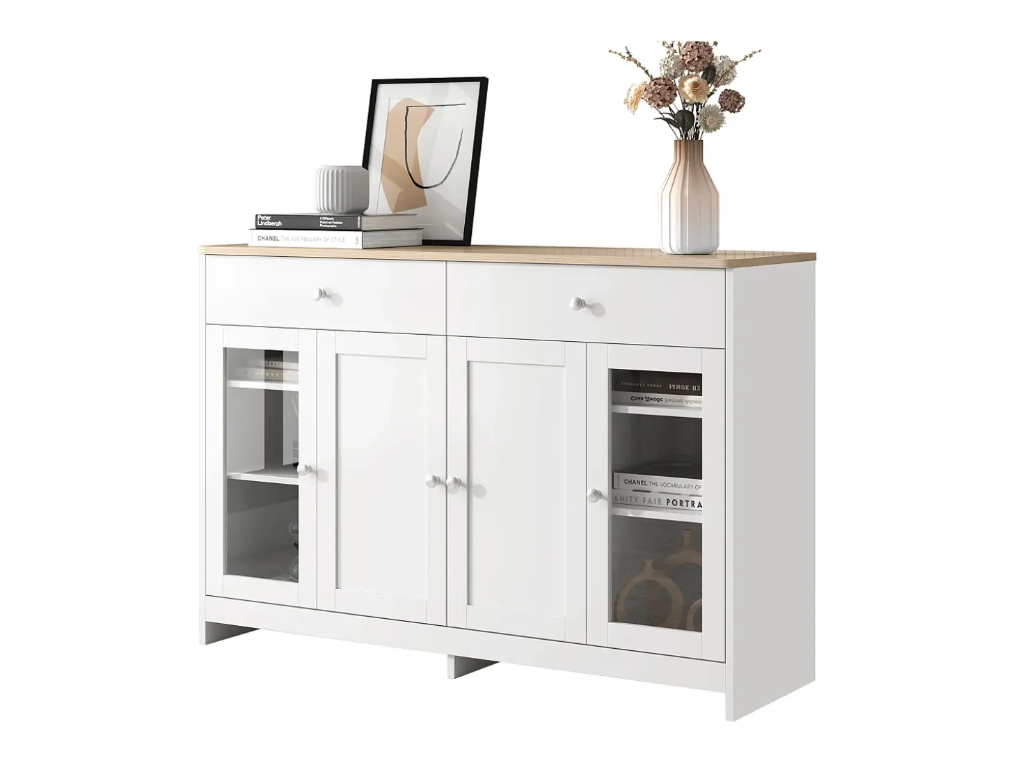 Aparador con 4 puertas y 2 cajones, diseño madera y blanco, MDF (120x37x80 cm)
