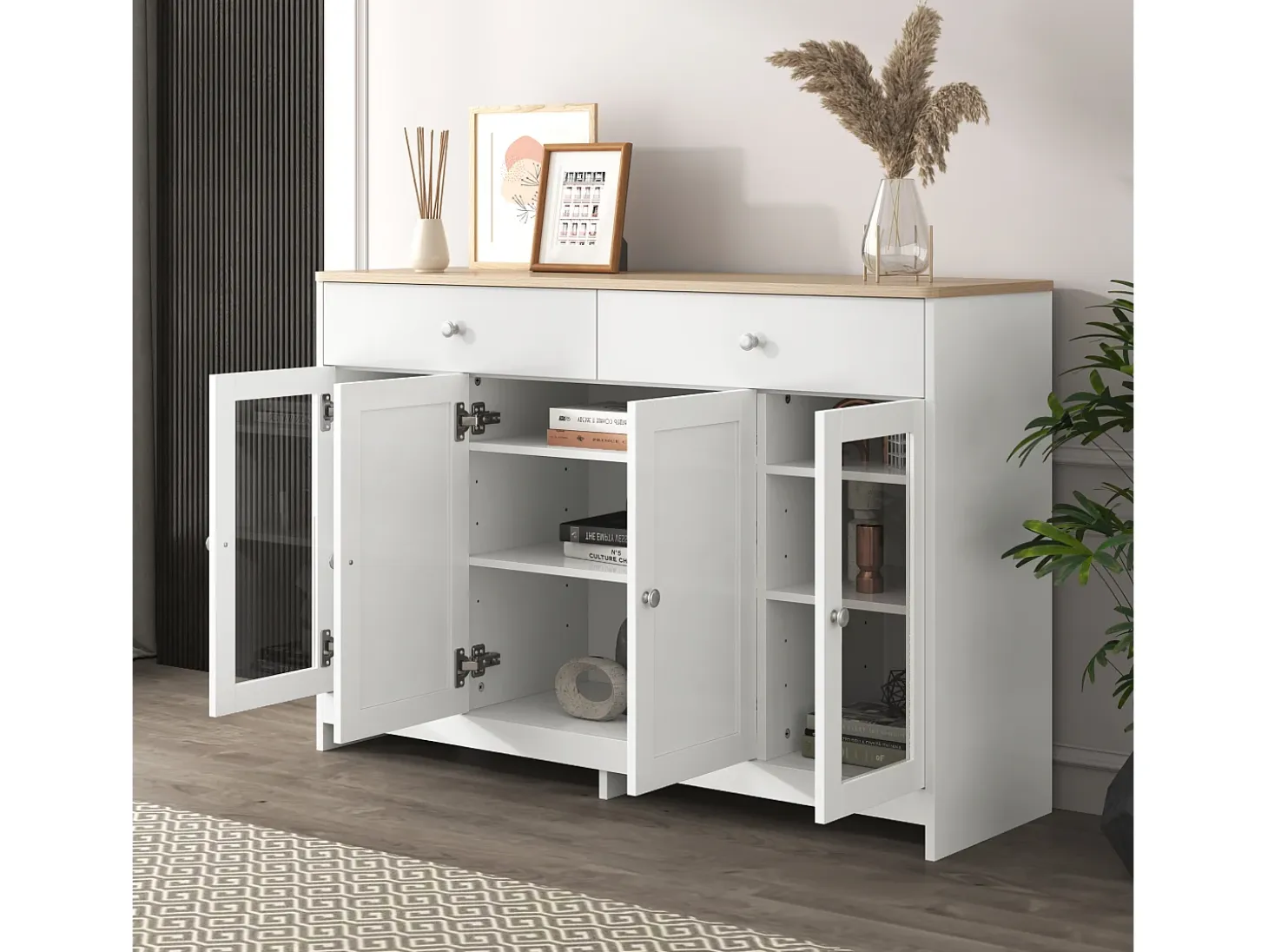 Aparador con 4 puertas y 2 cajones, diseño madera y blanco, MDF (120x37x80 cm)
