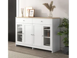 Aparador con 4 puertas y 2 cajones, diseño madera y blanco, MDF (120x37x80 cm)