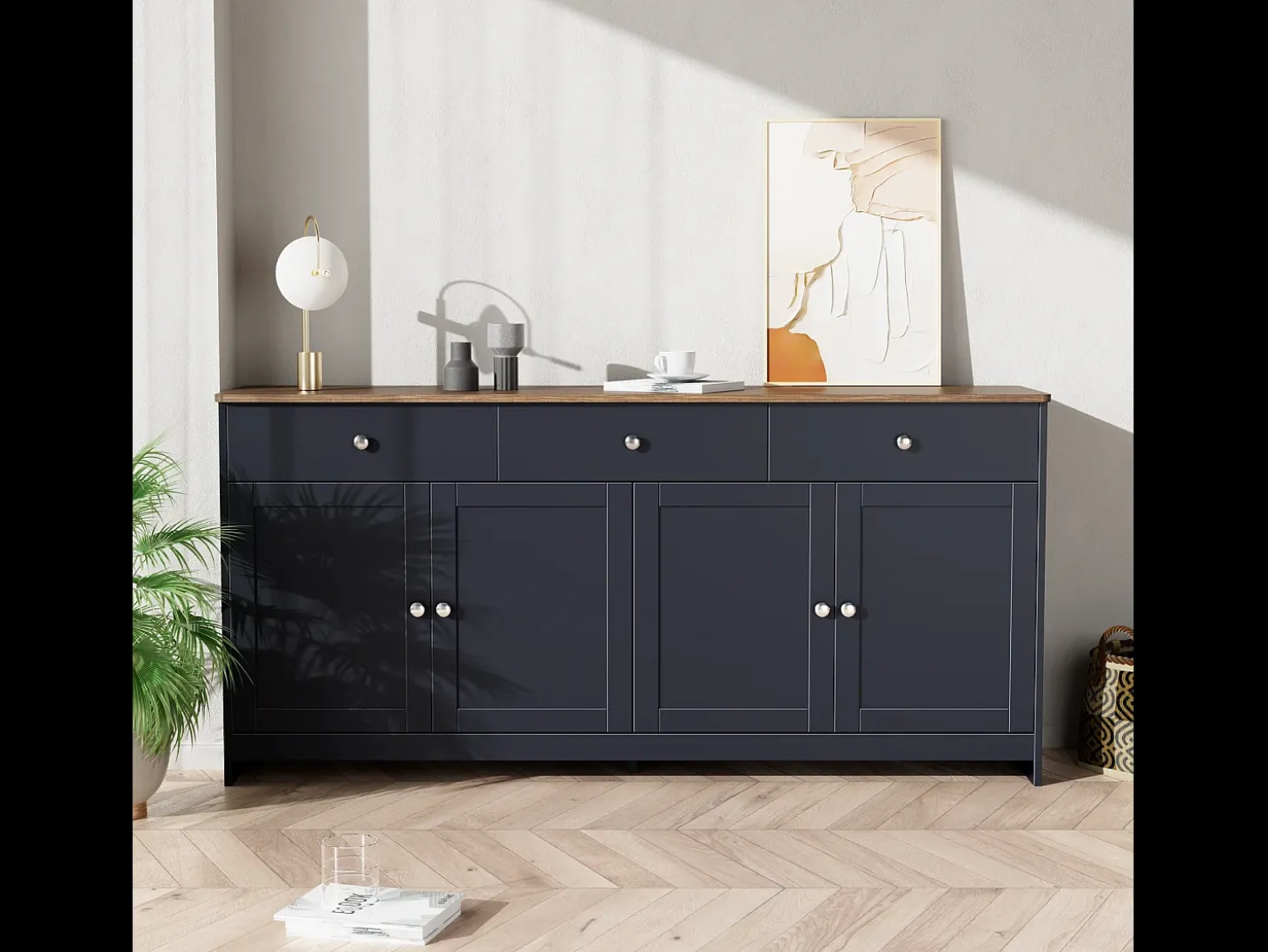 Aparador con 4 puertas y 3 cajones, diseño rústico, MDF, gris antracita y madera (160x37x75cm)