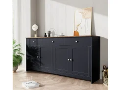 Aparador con 4 puertas y 3 cajones, diseño rústico, MDF, gris antracita y madera (160x37x75cm)