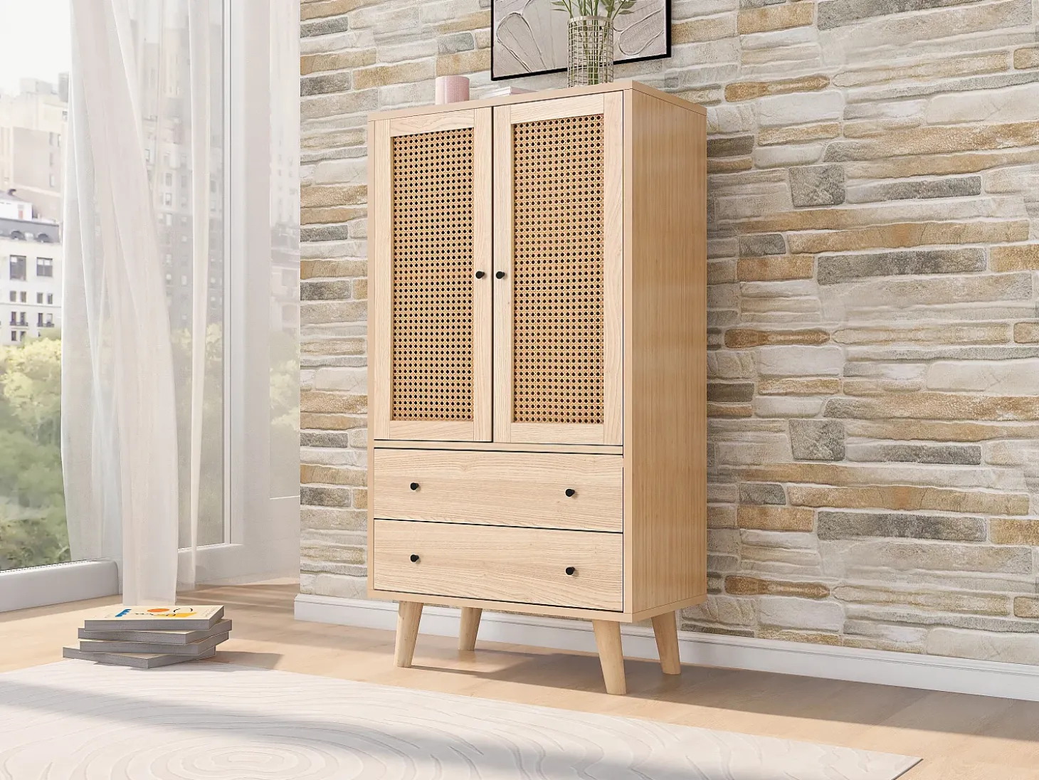 Aparador con 2 puertas y 2 cajones, espacio de almacenamiento, MDF, roble, (60x40x120 cm)