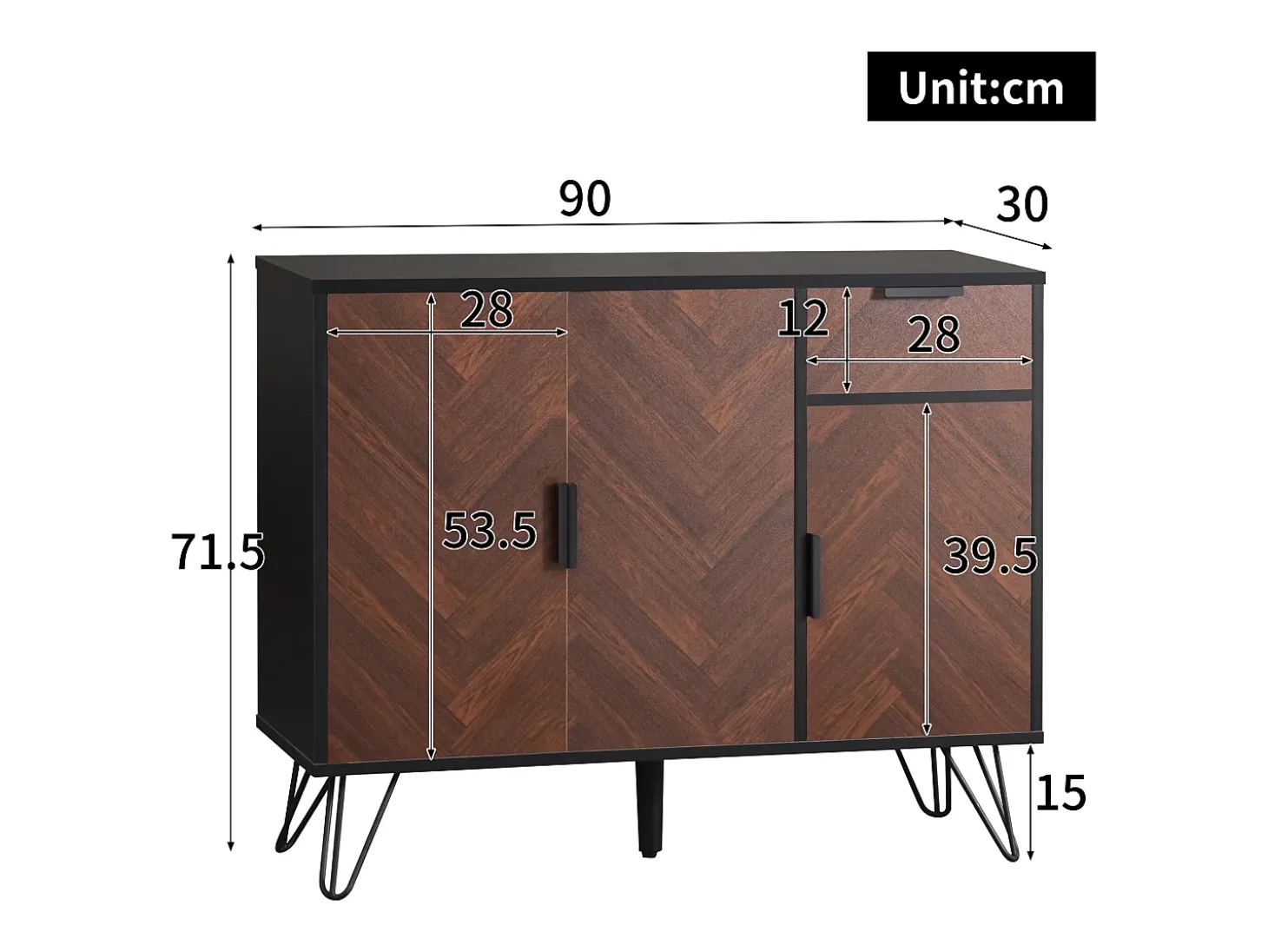 Aparador con 3 puertas y 1 cajón - 90 x 30 x 71,5 cm - estantes regulables - MDF y tableros de partículas - Negro y madera