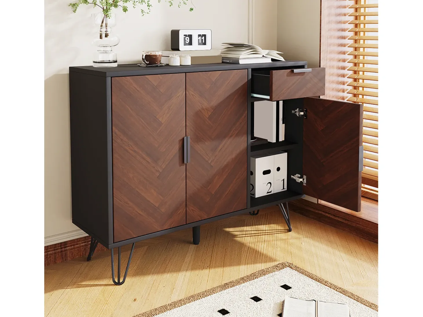 Aparador con 3 puertas y 1 cajón - 90 x 30 x 71,5 cm - estantes regulables - MDF y tableros de partículas - Negro y madera