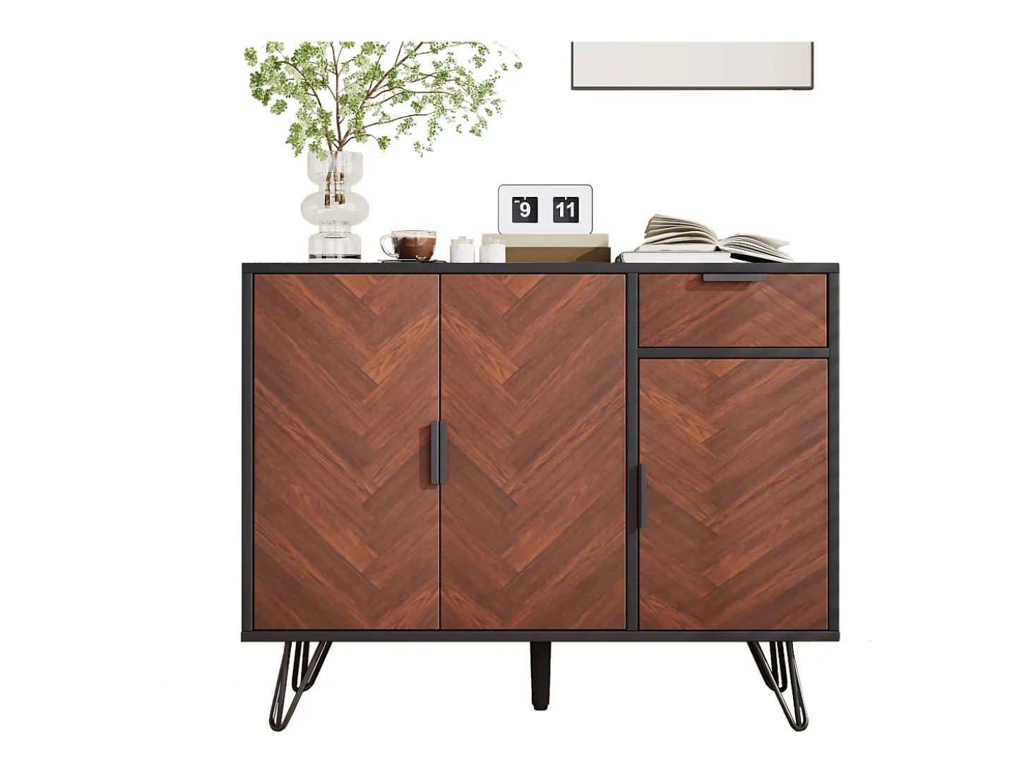 Aparador con 3 puertas y 1 cajón - 90 x 30 x 71,5 cm - estantes regulables - MDF y tableros de partículas - Negro y madera
