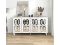 Aparador con 4 puertas y estantes regulables, espejo blanco, MDF (160x40x84 cm)