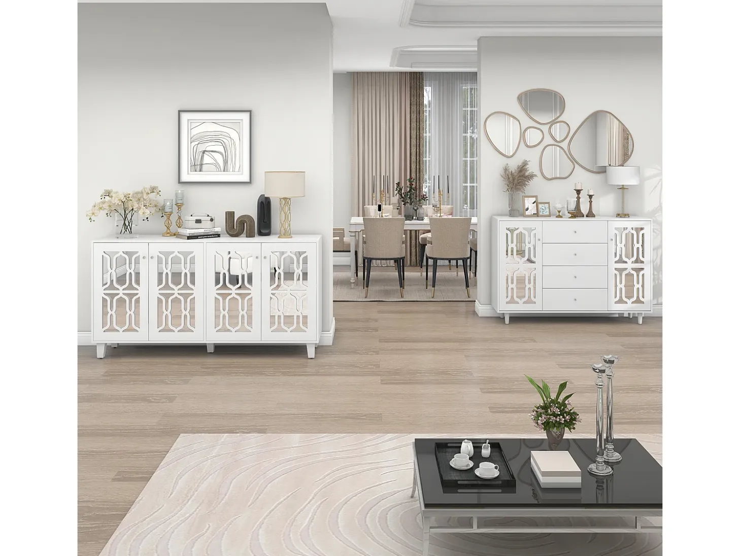 Aparador con 4 puertas y estantes regulables, espejo blanco, MDF (160x40x84 cm)
