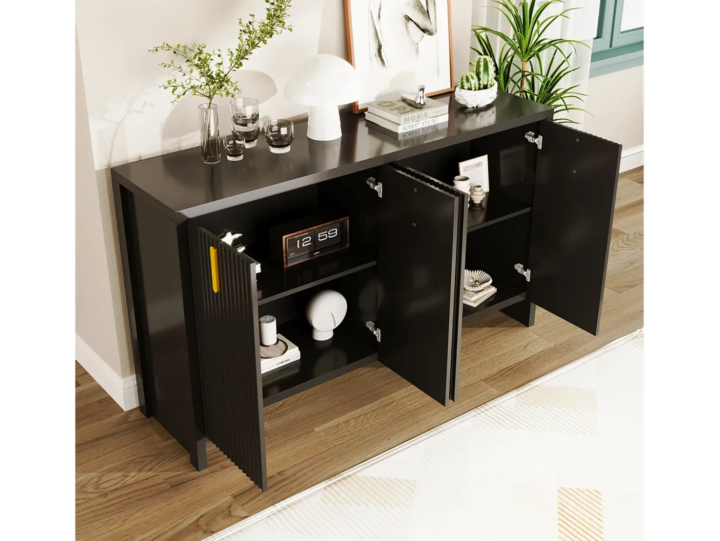 Aparador con 4 puertas y estantes ajustables, 140x38x80 cm, mueble de madera, para recibidor o salón, negro