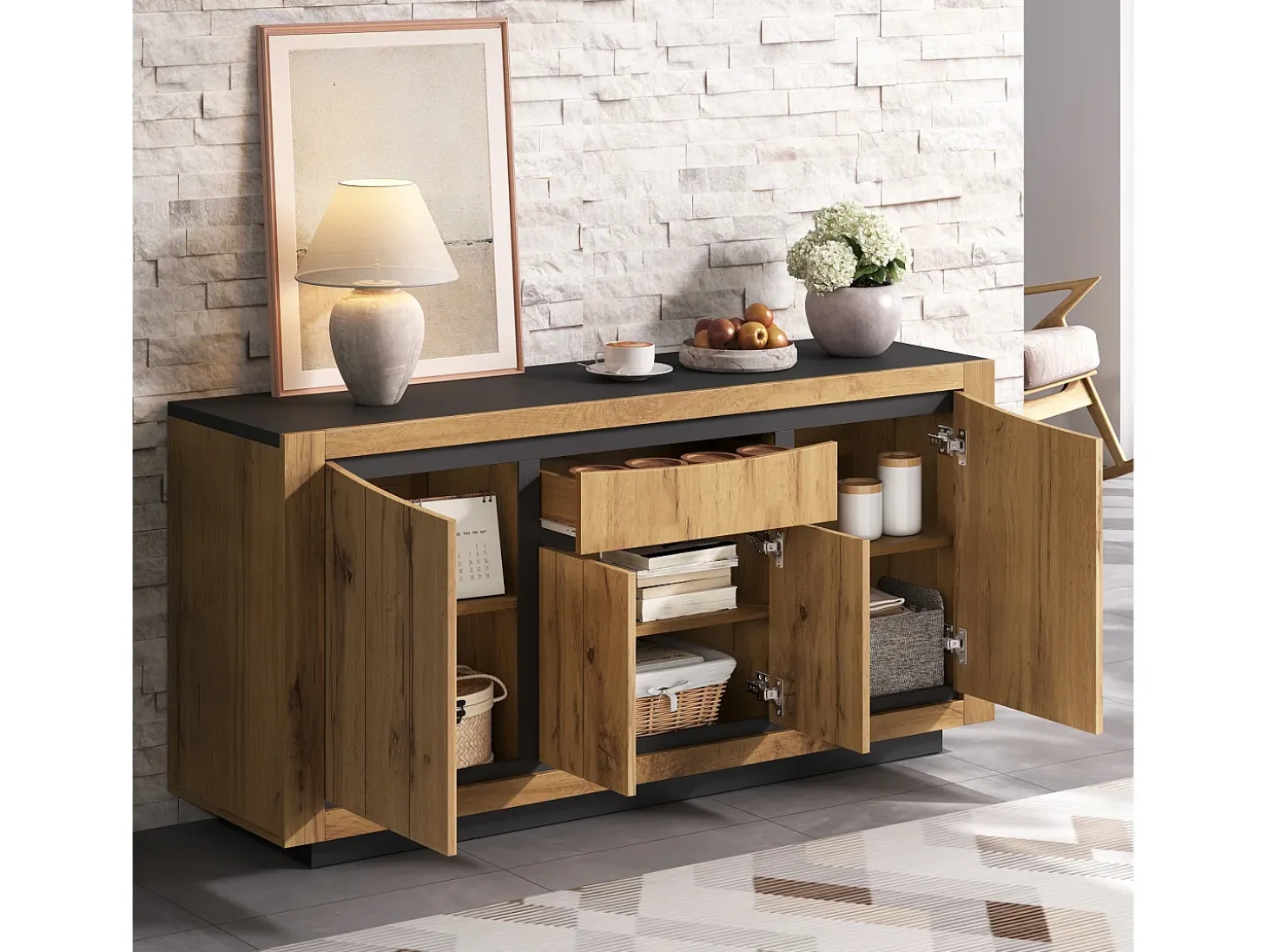 Aparador con 4 puertas y un cajón - Sin tiradores - Color madera y negro - 140 x 38,5 x 52 cm