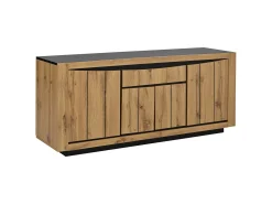 Aparador con 4 puertas y un cajón - Sin tiradores - Color madera y negro - 140 x 38,5 x 52 cm