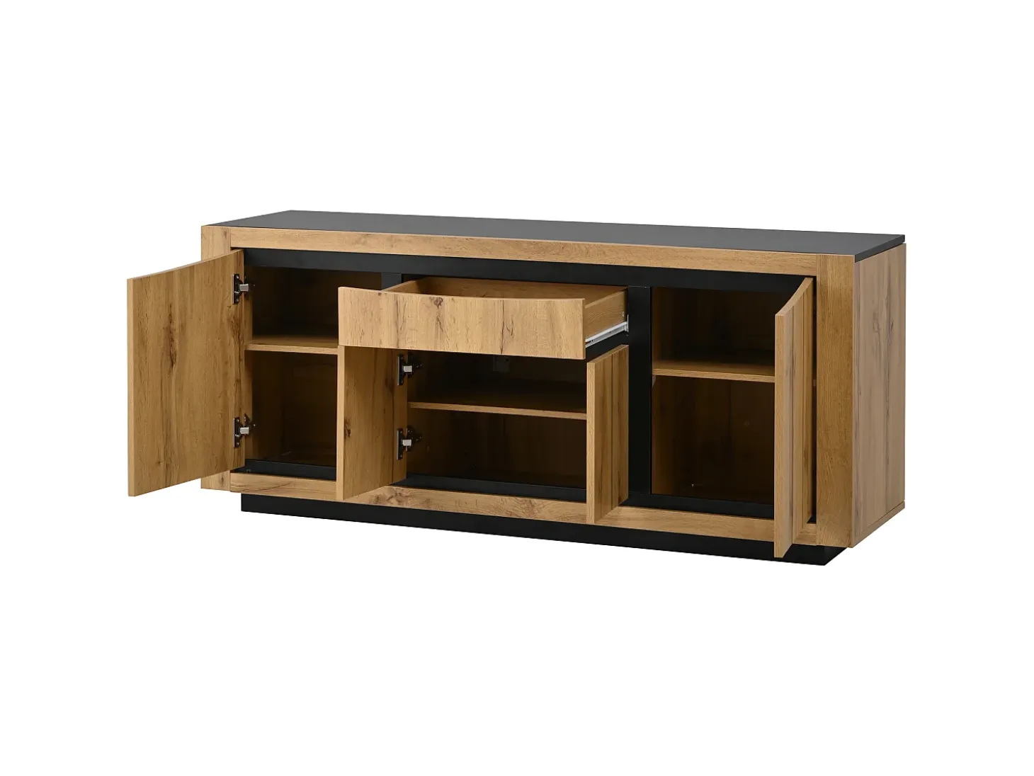 Aparador con 4 puertas y un cajón - Sin tiradores - Color madera y negro - 140 x 38,5 x 52 cm