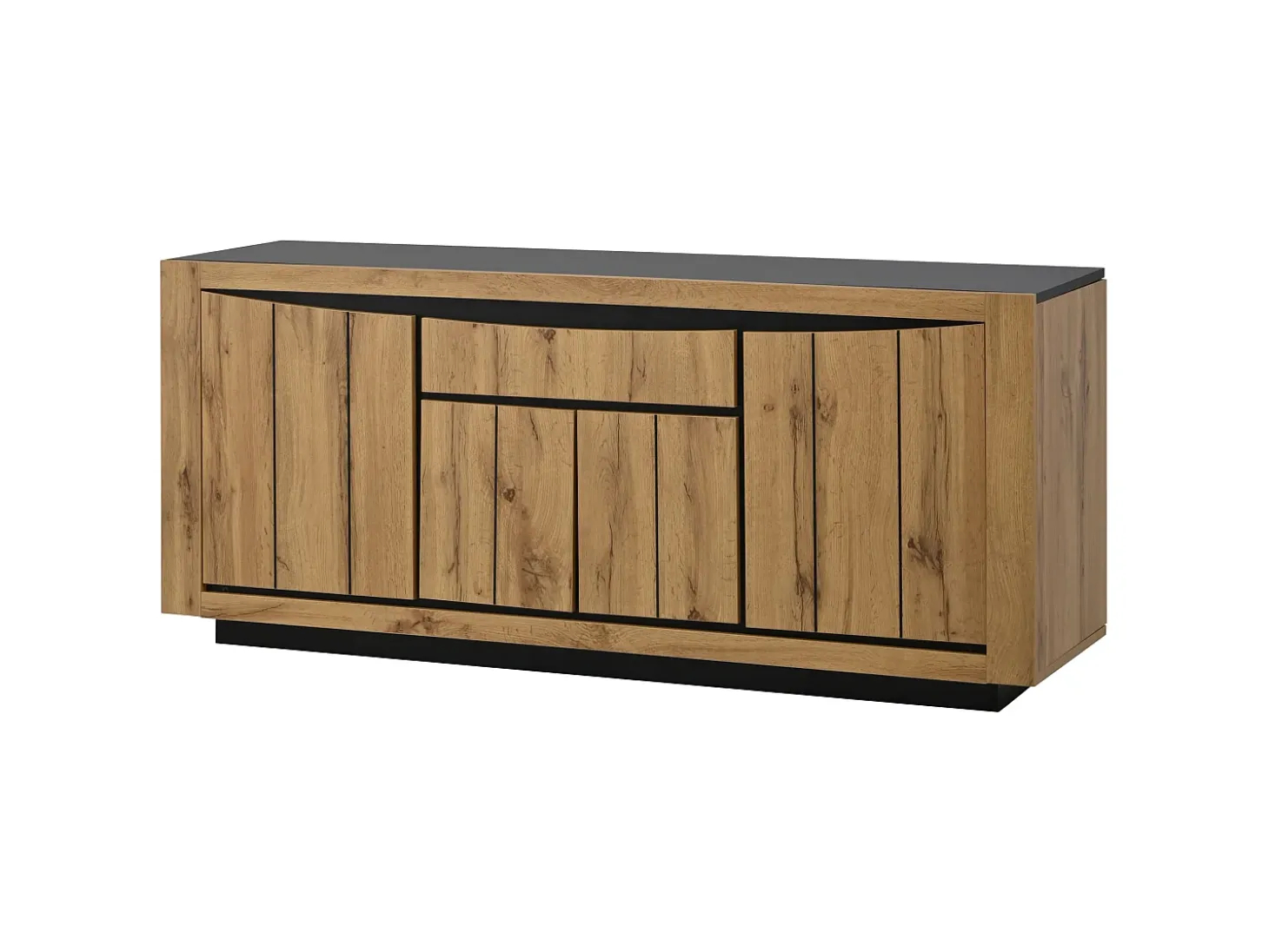 Aparador con 4 puertas y un cajón - Sin tiradores - Color madera y negro - 140 x 38,5 x 52 cm