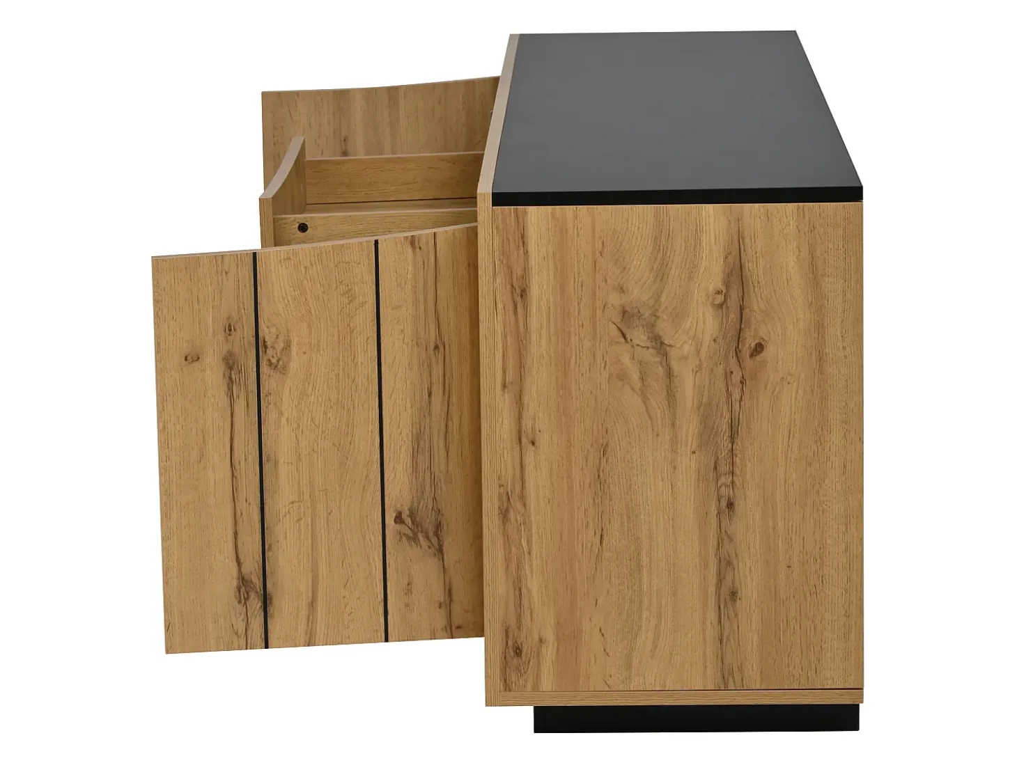 Aparador con 4 puertas y un cajón - Sin tiradores - Color madera y negro - 140 x 38,5 x 52 cm