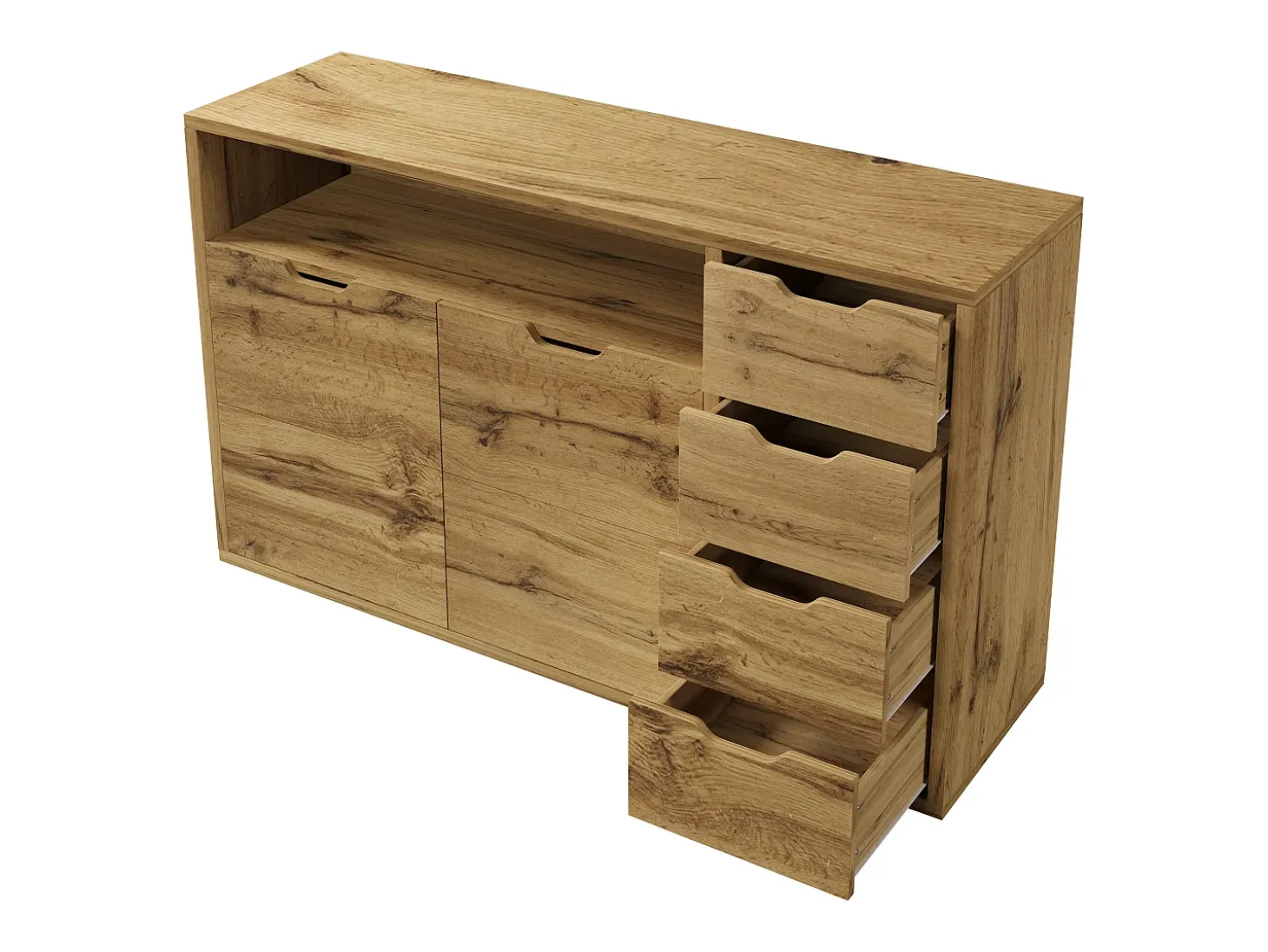 Aparador con estante abierto, 2 puertas y 4 cajones - Color madera 150x40x90 cm