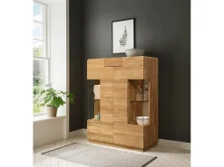 Aparador con expositor en madera maciza de roble miel Divina 100 cm