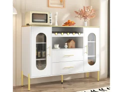 Aparador con frentes de cristal y botellero - 120 x 38 x 90 cm - con 2 cajones - Patas regulables - MDF - blanco