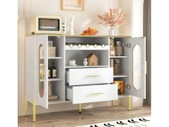 Aparador con frentes de cristal y botellero - 120 x 38 x 90 cm - con 2 cajones - Patas regulables - MDF - blanco