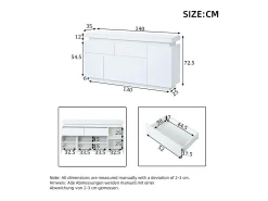 Aparador con iluminación LED, 4 puertas y 2 cajones - Acabado blanco brillo 140x35x72,5 cm