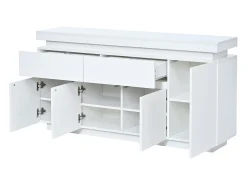 Aparador con iluminación LED, 4 puertas y 2 cajones - Acabado blanco brillo 140x35x72,5 cm