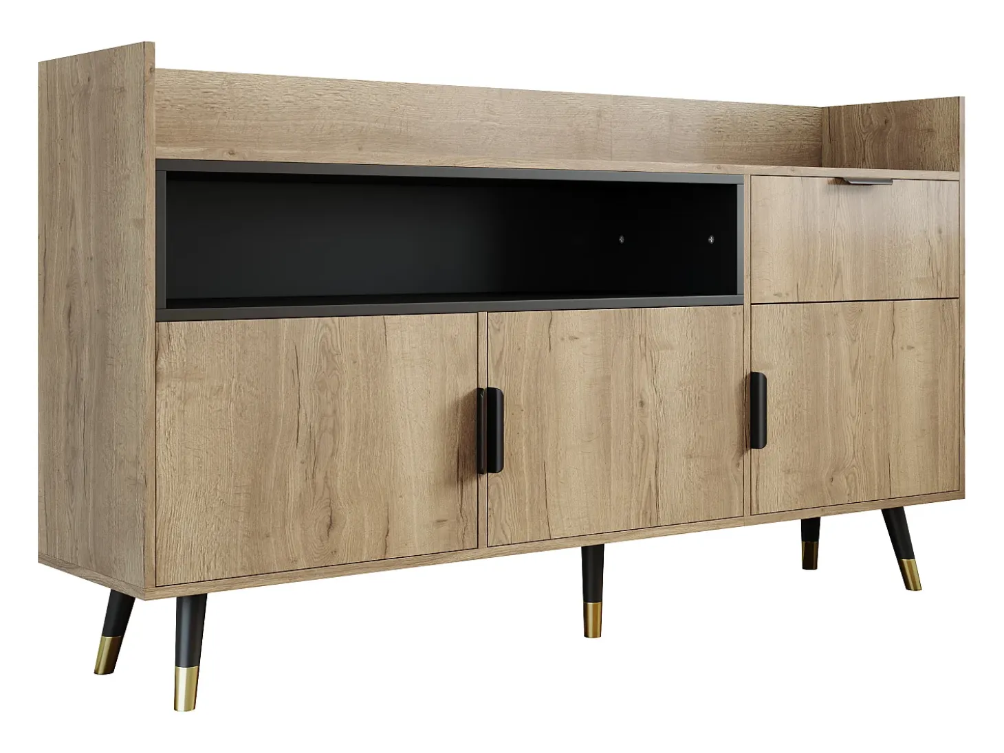 Aparador con iluminación LED, cajón y 3 puertas - Color madera 160x35x85cm