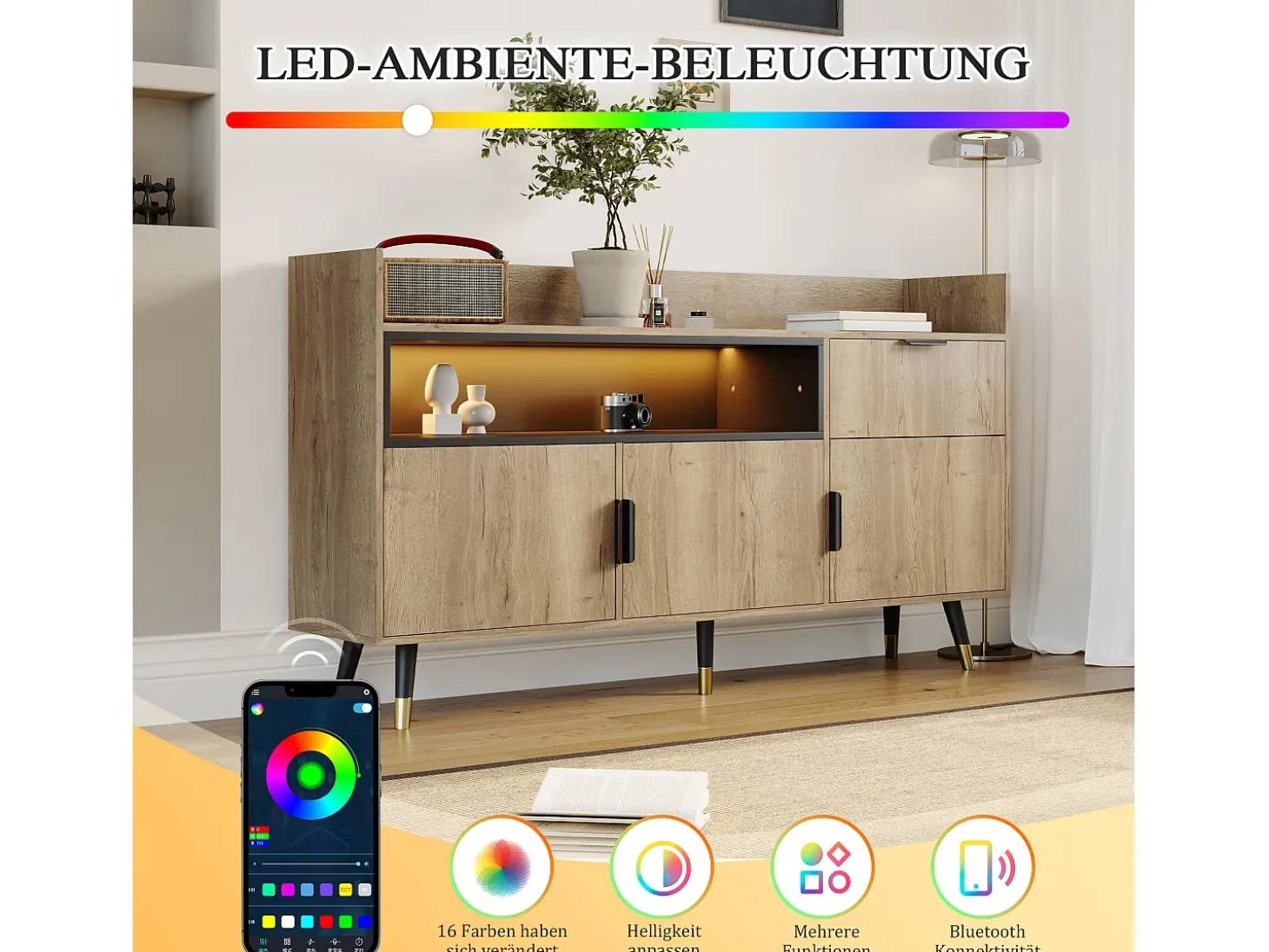 Aparador con iluminación LED, cajón y 3 puertas - Color madera 160x35x85cm