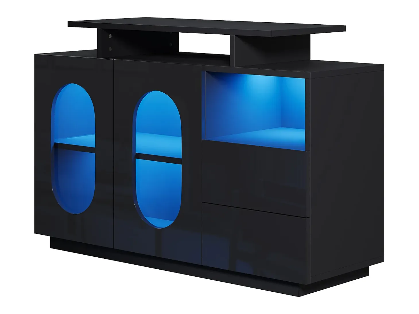 Aparador con iluminación LED, 2 puertas ovaladas de cristal y 2 cajones - Acabado brillante - Negro