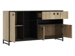 Aparador con iluminación LED, 2 cajones y 3 puertas - Estantes de cristal abiertos - Acabado madera y negro