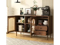Aparador con inserto de ratán - Cómoda moderna con 3 puertas y 2 cajones irregulares - Madera oscura