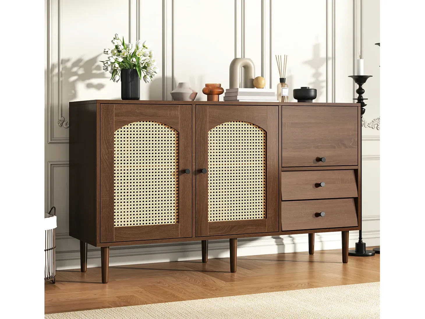 Aparador con inserto de ratán - Cómoda moderna con 3 puertas y 2 cajones irregulares - Madera oscura