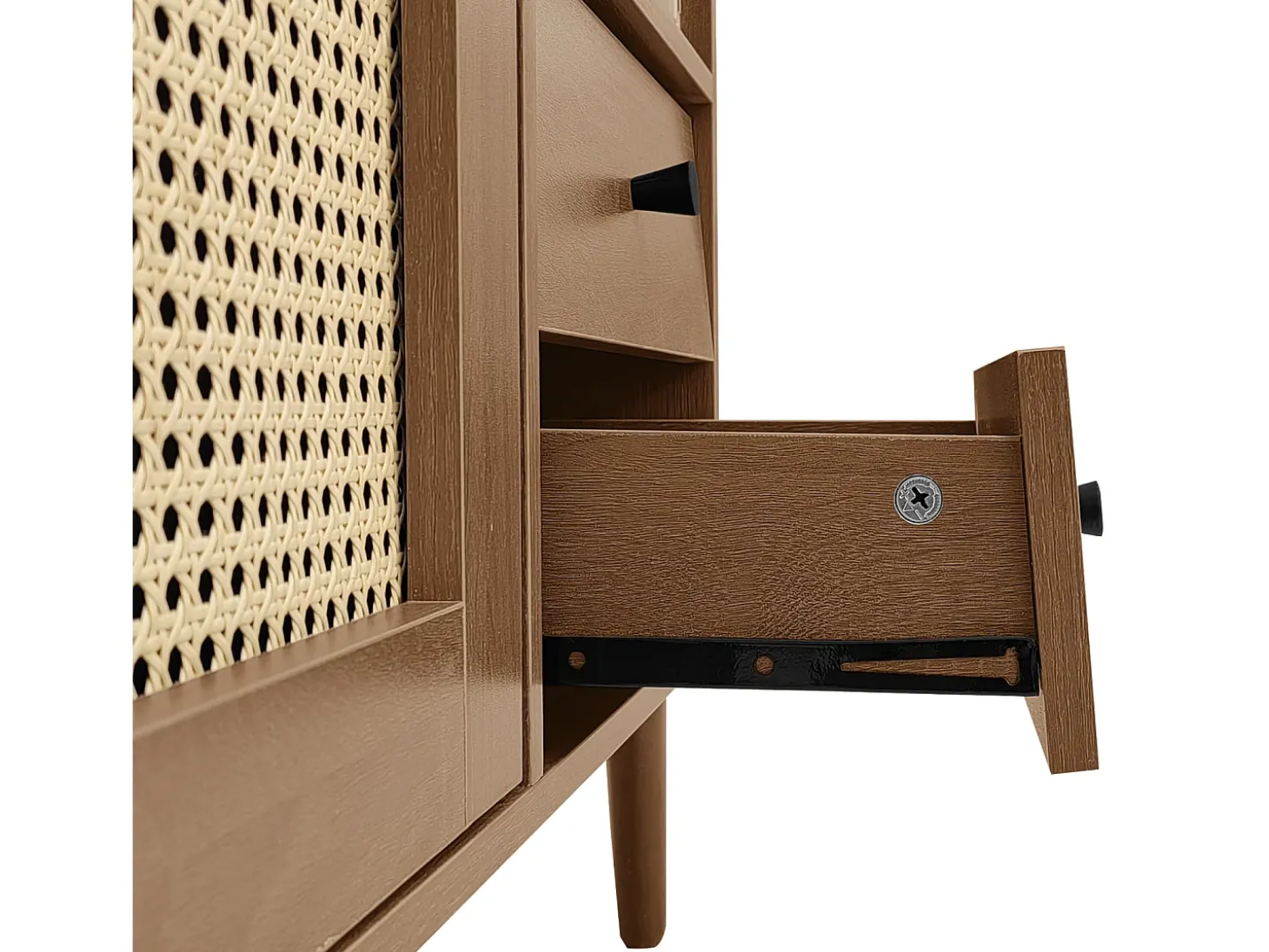 Aparador con inserto de ratán - Cómoda moderna con 3 puertas y 2 cajones irregulares - Madera oscura