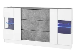 Aparador con LED - 2 puertas y 3 cajones - frente blanco brillo y efecto mármol gris - Blanco