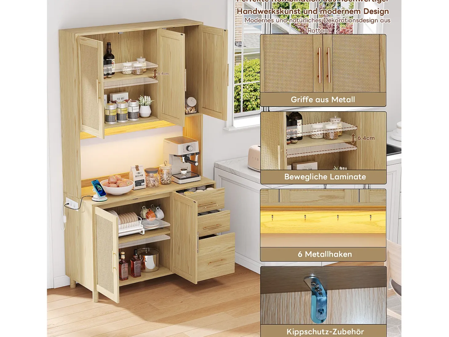 Aparador con LED RGB, 2 USB, 2 enchufes, 3 cajones, 183 cm, Madera (183x40x100 cm)