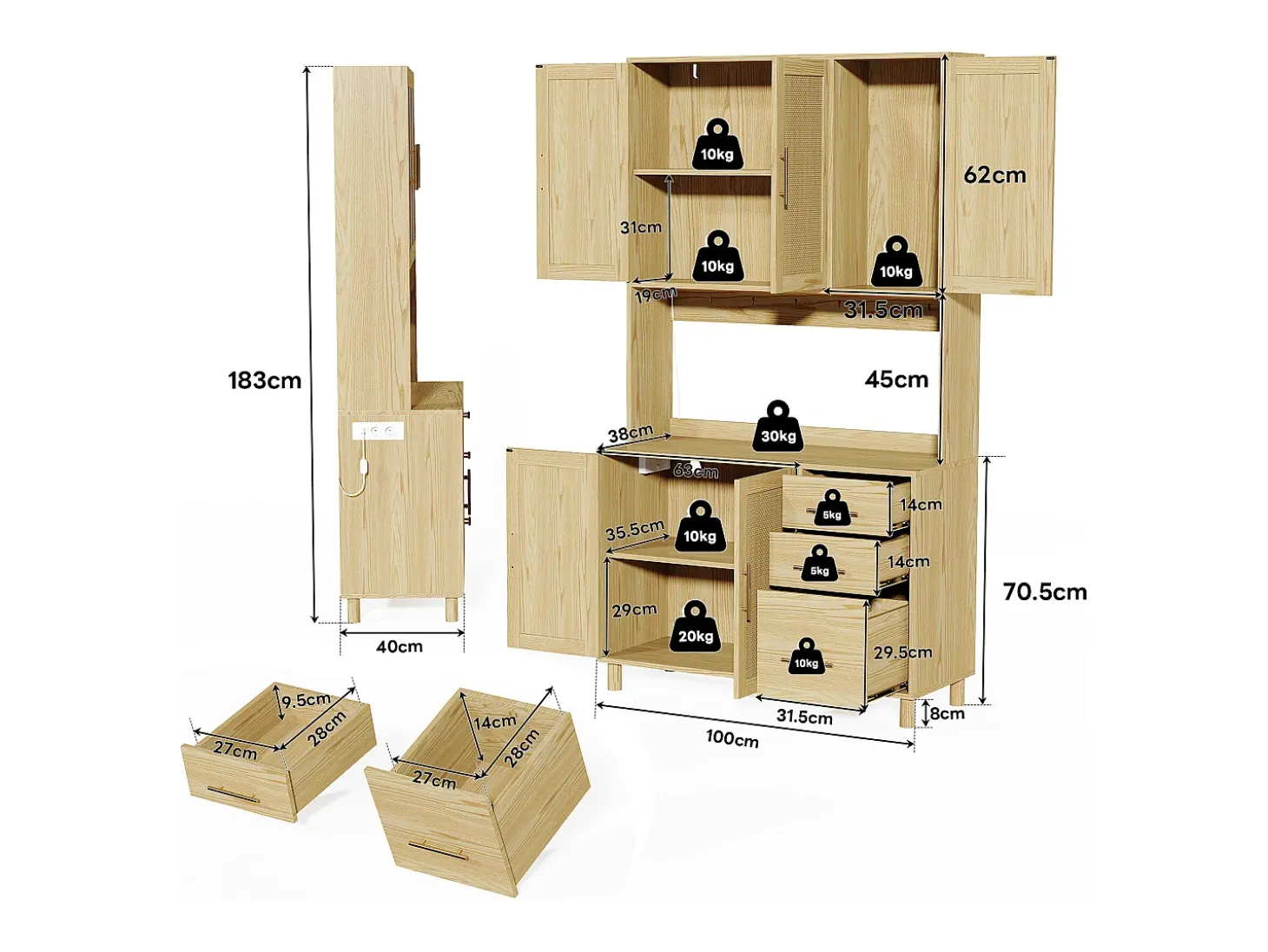 Aparador con LED RGB, 2 USB, 2 enchufes, 3 cajones, 183 cm, Madera (183x40x100 cm)